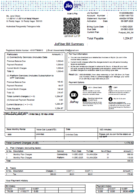 download India Jio Digital Life utility bill template in Word and PDF formats, version 4 PDF template